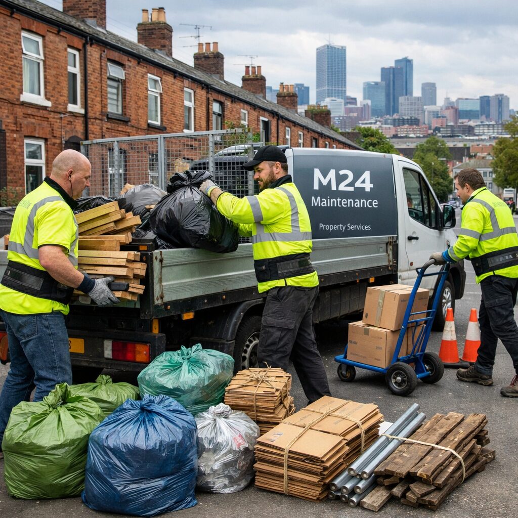 A high-resolution photograph of a small Manchester trades team in hi-vis jackets loading household and garden waste into a compact flatbed van branded with subtle M24 Maintenance signage. Piles of sorted materials—wood, cardboard, metal—are visible in colour-coded bags and tied bundles. The backdrop shows a terraced street with red brick facades and a view of inner-city Manchester to emphasise local service. Team members use gloves and lifting belts, with a wheeled trolley and cones staged nearby, conveying professionalism, safety and efficient domestic rubbish removal. A high-resolution photograph of a small Manchester trades team in hi-vis jackets loading household and garden waste into a compact flatbed van branded with subtle M24 Maintenance signage. Piles of sorted materials—wood, cardboard, metal—are visible in colour-coded bags and tied bundles. The backdrop shows a terraced street with red brick facades and a view of inner-city Manchester to emphasise local service. Team members use gloves and lifting belts, with a wheeled trolley and cones staged nearby, conveying professionalism, safety and efficient domestic rubbish removal.