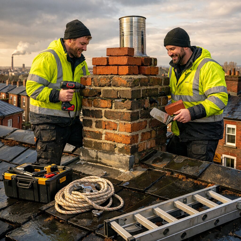 Photograph of a UK tradesman-style scene on a terraced Manchester rooftop: two men in high-visibility jackets and work trousers, one with a cordless drill and the other holding a brick trowel, repairing the chimney stack. The chimney shows partially raked-out mortar joints and stacked replacement bricks; a stainless-steel flue liner peeks from the top. In the foreground are a toolbox, a coil of safety rope and a folded ladder. The late-afternoon light highlights the wet sheen on the roof slates and the urban terrace backdrop of red-brick houses and distant factory chimneys. Photograph of a UK tradesman-style scene on a terraced Manchester rooftop: two men in high-visibility jackets and work trousers, one with a cordless drill and the other holding a brick trowel, repairing the chimney stack. The chimney shows partially raked-out mortar joints and stacked replacement bricks; a stainless-steel flue liner peeks from the top. In the foreground are a toolbox, a coil of safety rope and a folded ladder. The late-afternoon light highlights the wet sheen on the roof slates and the urban terrace backdrop of red-brick houses and distant factory chimneys.