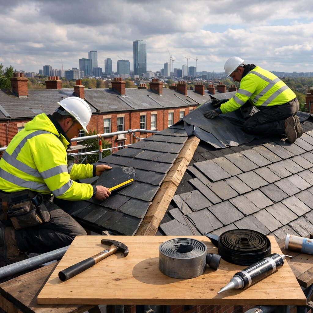 A high-resolution photograph of a Manchester tradesman roofing team on a suburban terrace roof at mid-morning light. The image shows two tradesmen wearing hi-vis jackets and hard hats, one measuring and replacing a slate tile while the other secures underlay near the ridge. Scaffolding and safety barriers are visible around the roof perimeter; rows of Victorian red-brick houses and a cloudy Manchester skyline form the background. Tools such as a roofing hammer, pigeon lead and a coil of sealant lie on a neat plywood board. No text, logos or identifiable faces are visible. A high-resolution photograph of a Manchester tradesman roofing team on a suburban terrace roof at mid-morning light. The image shows two tradesmen wearing hi-vis jackets and hard hats, one measuring and replacing a slate tile while the other secures underlay near the ridge. Scaffolding and safety barriers are visible around the roof perimeter; rows of Victorian red-brick houses and a cloudy Manchester skyline form the background. Tools such as a roofing hammer, pigeon lead and a coil of sealant lie on a neat plywood board. No text, logos or identifiable faces are visible.