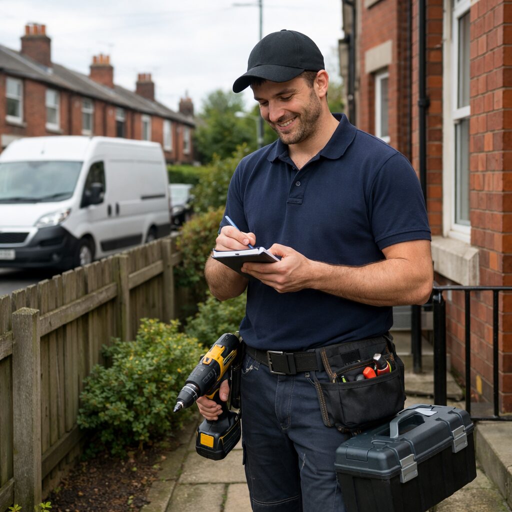A realistic street-level photograph of a UK tradesman-style maintenance man outside a terraced Manchester home: mid-30s, wearing a navy polo and work trousers with subtle reflective trim, carrying a toolbox and a cordless drill. He stands on a paved pathway beside a red-brick façade with a low front garden and a wooden fence, daylight overcast typical of Manchester. The scene includes van parked on the street in the background, tool belt visible, and the maintenance man smiling politely while checking a notepad—no text, signs or logos visible. A realistic street-level photograph of a UK tradesman-style maintenance man outside a terraced Manchester home: mid-30s, wearing a navy polo and work trousers with subtle reflective trim, carrying a toolbox and a cordless drill. He stands on a paved pathway beside a red-brick façade with a low front garden and a wooden fence, daylight overcast typical of Manchester. The scene includes van parked on the street in the background, tool belt visible, and the maintenance man smiling politely while checking a notepad—no text, signs or logos visible.
