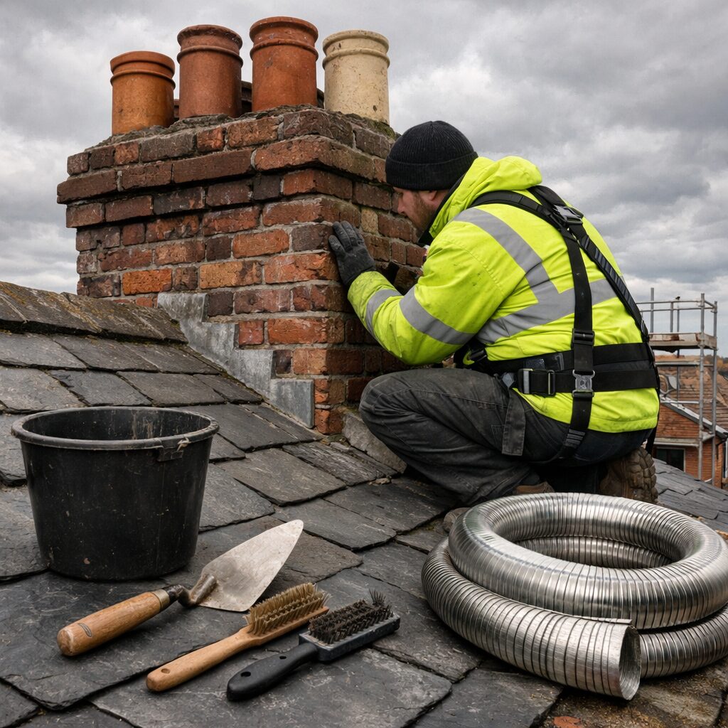 A realistic daytime shot of a Manchester terraced house roofline showing a brick chimneystack with pots, a tradesman in high-visibility jacket and harness kneeling beside the stack while inspecting mortar joints. Tools are laid out on a slate roof: a trowel, bucket, wire brushes and a roll of stainless-steel chimney liner. The scene includes a small scaffold tower in the background and a cloudy northern sky, conveying practical, local chimney repair work without any text or logos. A realistic daytime shot of a Manchester terraced house roofline showing a brick chimneystack with pots, a tradesman in high-visibility jacket and harness kneeling beside the stack while inspecting mortar joints. Tools are laid out on a slate roof: a trowel, bucket, wire brushes and a roll of stainless-steel chimney liner. The scene includes a small scaffold tower in the background and a cloudy northern sky, conveying practical, local chimney repair work without any text or logos.