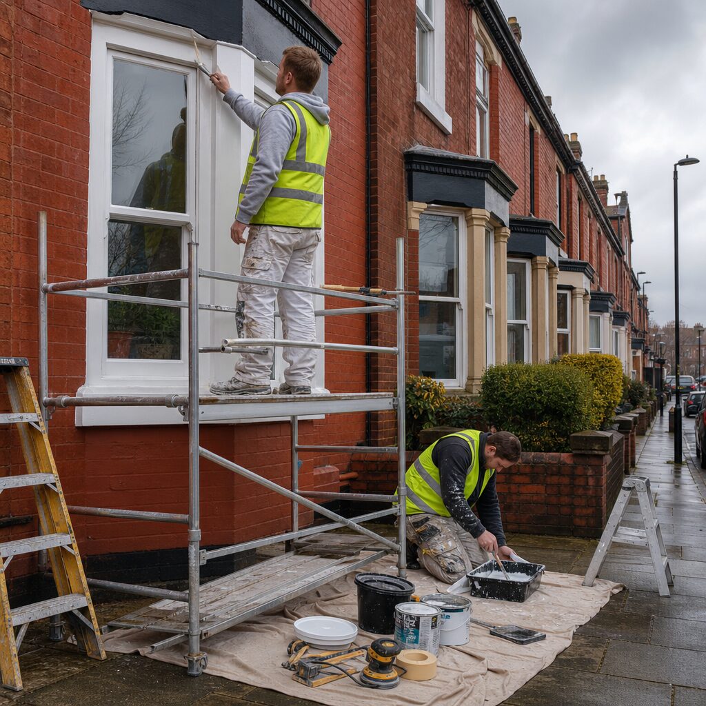 A realistic UK tradesman scene outside a Manchester terraced house at midday: two decorators in workwear (high-visibility vests and paint-splattered trousers) setting up ladders and an aluminium scaffold tower against a red-brick façade. One tradesman is brushing a white wooden sash window frame; the other is mixing paint in a tray on a drop cloth. Tools and materials — paint tins, rollers, masking tape, sanders and a small stepladder — are neatly arranged on the pavement. The street shows classic Manchester details: bay windows, stone lintels and wet-weather sky. No text or logos visible. A realistic UK tradesman scene outside a Manchester terraced house at midday: two decorators in workwear (high-visibility vests and paint-splattered trousers) setting up ladders and an aluminium scaffold tower against a red-brick façade. One tradesman is brushing a white wooden sash window frame; the other is mixing paint in a tray on a drop cloth. Tools and materials — paint tins, rollers, masking tape, sanders and a small stepladder — are neatly arranged on the pavement. The street shows classic Manchester details: bay windows, stone lintels and wet-weather sky. No text or logos visible.