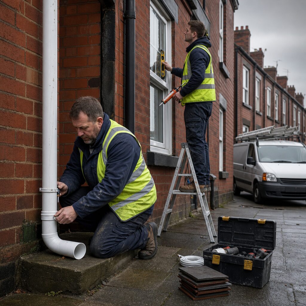 A realistic scene of a UK tradesman-style maintenance team working outside a brick terraced house in Manchester. Foreground: a tradesman in a navy work jacket and hi-vis vest kneels on a low step, repairing a gutter downpipe with a set of small hand tools and a replacement section of white uPVC pipe. Another team member stands on a short stepladder checking a sash window frame, holding a spirit level and caulking gun. Background: red-brick Victorian terrace, damp-darkened bricks near the base, a grey sky typical of Manchester weather, a van parked on the street with ladders on the roof (no text or logos visible). Toolboxes, a coil of guttering sealant and a small stack of spare tiles are neatly arranged on the pavement. Natural, candid lighting with realistic shadows, no branding or signage. A realistic scene of a UK tradesman-style maintenance team working outside a brick terraced house in Manchester. Foreground: a tradesman in a navy work jacket and hi-vis vest kneels on a low step, repairing a gutter downpipe with a set of small hand tools and a replacement section of white uPVC pipe. Another team member stands on a short stepladder checking a sash window frame, holding a spirit level and caulking gun. Background: red-brick Victorian terrace, damp-darkened bricks near the base, a grey sky typical of Manchester weather, a van parked on the street with ladders on the roof (no text or logos visible). Toolboxes, a coil of guttering sealant and a small stack of spare tiles are neatly arranged on the pavement. Natural, candid lighting with realistic shadows, no branding or signage.