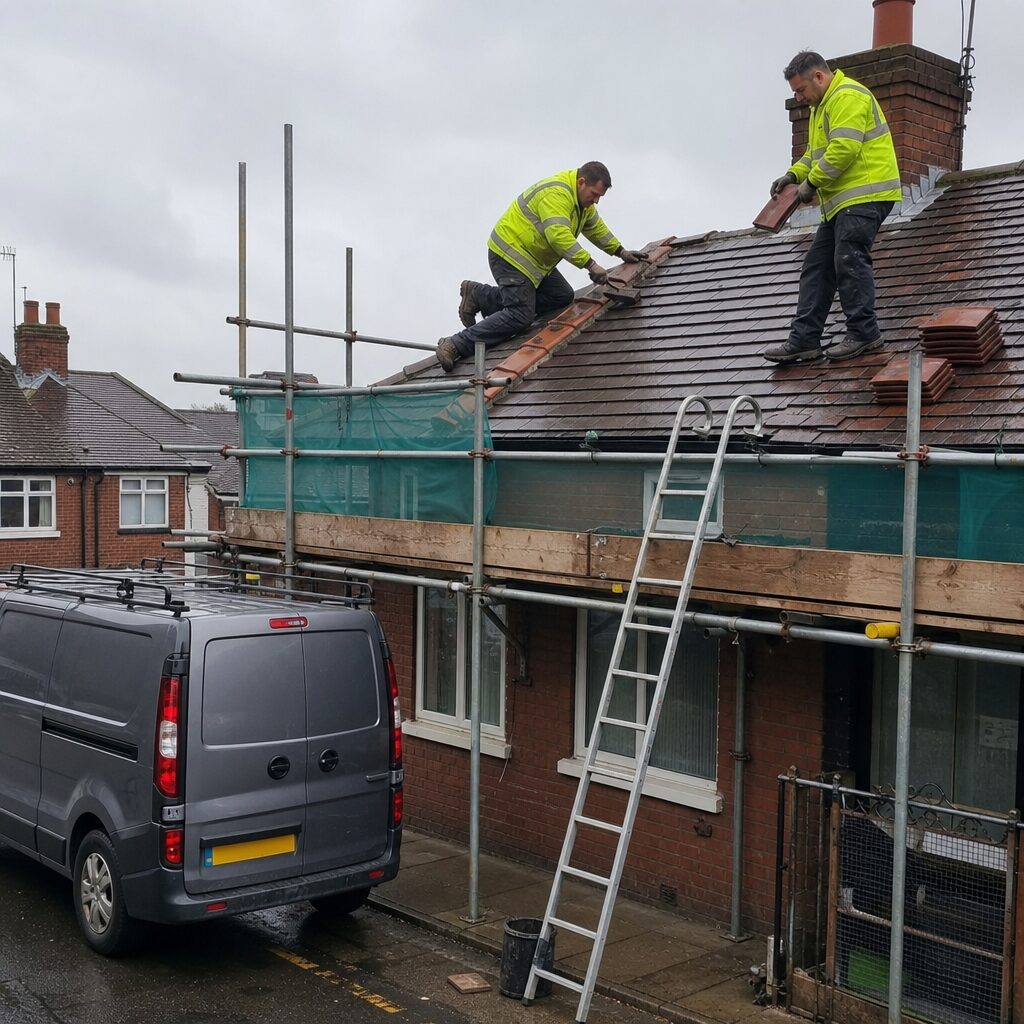 A realistic daytime photo of a small Manchester terraced house roof undergoing maintenance: two tradesmen in high-visibility jackets and work trousers on the pitched tiled roof, one kneeling near a row of ridge tiles with a trowel and fresh mortar, the other holding a replacement clay tile. A scaffold with toe boards and safety netting surrounds the property; a branded van parked on the street shows typical UK regalia but no legible logos. Overcast sky typical of Manchester; damp pavement and droplets on tiles suggest recent rain. Tools, a stack of matching tiles and a portable guttering ladder are visible. A realistic daytime photo of a small Manchester terraced house roof undergoing maintenance: two tradesmen in high-visibility jackets and work trousers on the pitched tiled roof, one kneeling near a row of ridge tiles with a trowel and fresh mortar, the other holding a replacement clay tile. A scaffold with toe boards and safety netting surrounds the property; a branded van parked on the street shows typical UK regalia but no legible logos. Overcast sky typical of Manchester; damp pavement and droplets on tiles suggest recent rain. Tools, a stack of matching tiles and a portable guttering ladder are visible.