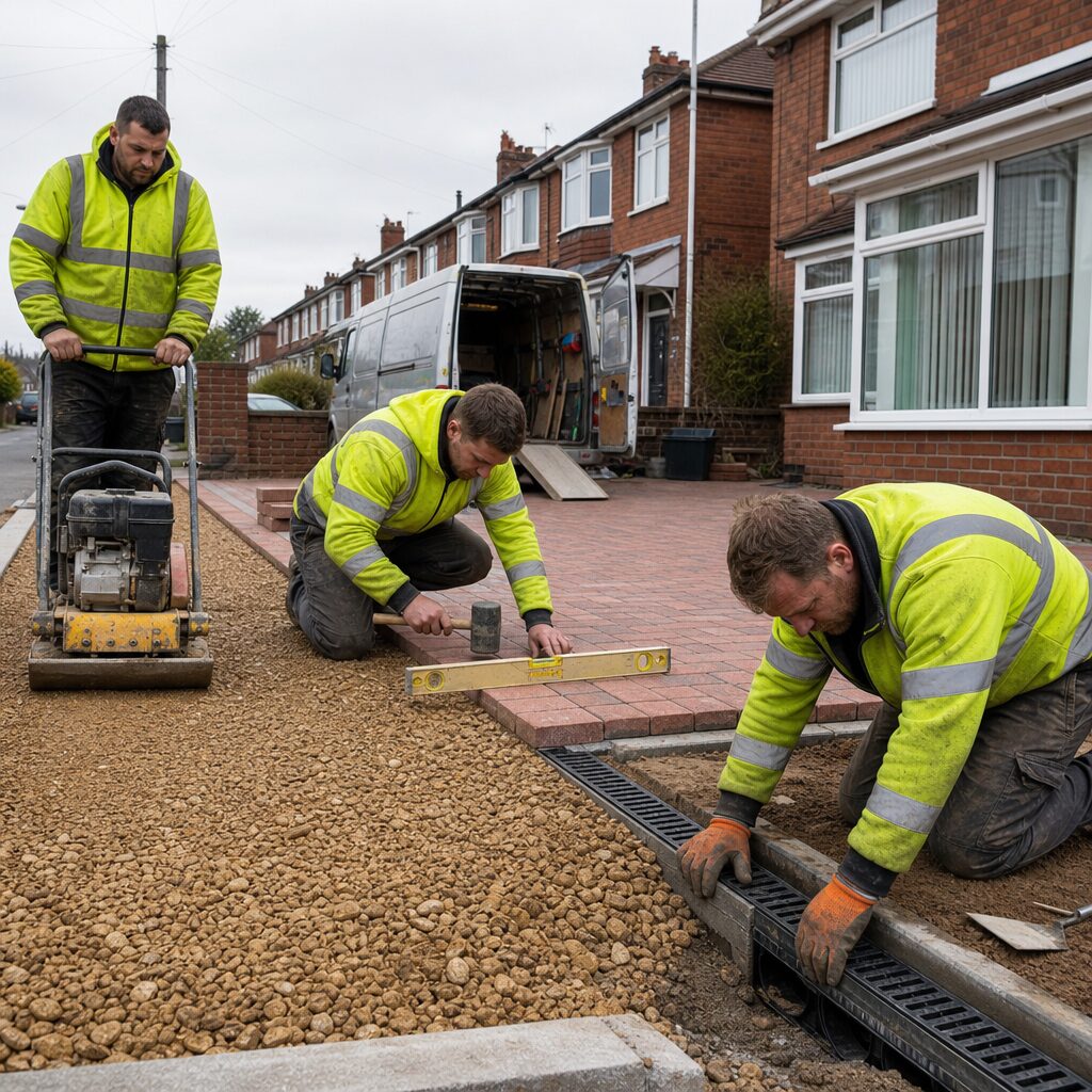 Three UK tradesmen in high-visibility jackets working on a suburban Manchester driveway: one is compacting a freshly laid gravel sub-base with a plate compactor, another is setting a row of red block pavers using a spirit level and rubber mallet, while the third adjusts drainage channel units at the kerb. Overcast northern sky, terraced houses and a parked van with trade tools visible in the background. No text or logos present; focus on hands-on workmanship, tidy site, and traditional UK tradesman appearance. Three UK tradesmen in high-visibility jackets working on a suburban Manchester driveway: one is compacting a freshly laid gravel sub-base with a plate compactor, another is setting a row of red block pavers using a spirit level and rubber mallet, while the third adjusts drainage channel units at the kerb. Overcast northern sky, terraced houses and a parked van with trade tools visible in the background. No text or logos present; focus on hands-on workmanship, tidy site, and traditional UK tradesman appearance.