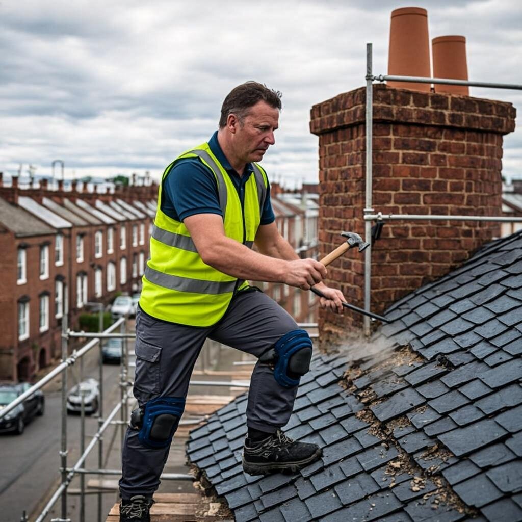 A British tradesman in sturdy work trousers, high-visibility vest, and steel-toe boots carefully dismantling a red brick chimney stack on a typical Manchester terraced house roof. He’s using a cold chisel and club hammer to remove bricks methodically, with scaffolding erected around the chimney. The scene shows exposed brickwork where pots have already been removed, with slate tiles visible on the roof below. Overcast grey sky typical of northern England, with neighbouring terraced houses visible in the background. Dust and debris are visible but controlled, with protective sheeting on the roof surface. The tradesman wears protective gloves and safety glasses, focused on his work with professional concentration. A British tradesman in sturdy work trousers, high-visibility vest, and steel-toe boots carefully dismantling a red brick chimney stack on a typical Manchester terraced house roof. He's using a cold chisel and club hammer to remove bricks methodically, with scaffolding erected around the chimney. The scene shows exposed brickwork where pots have already been removed, with slate tiles visible on the roof below. Overcast grey sky typical of northern England, with neighbouring terraced houses visible in the background. Dust and debris are visible but controlled, with protective sheeting on the roof surface. The tradesman wears protective gloves and safety glasses, focused on his work with professional concentration.
