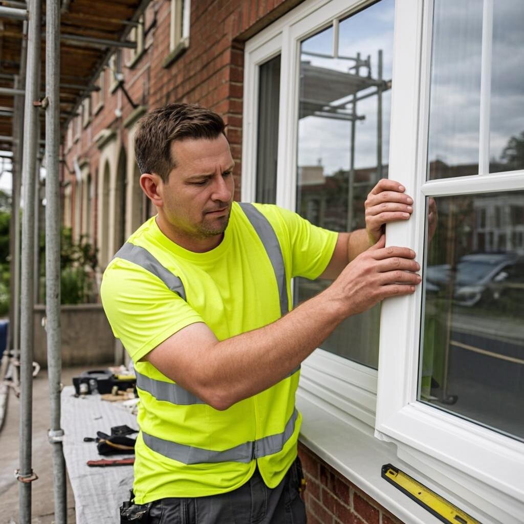 A British tradesman in worn work trousers and a high-visibility jacket carefully fitting a white uPVC double-glazed window into a red-brick Manchester terraced house. He’s using a spirit level on the window frame, with traditional sash windows visible on neighbouring properties. The scene shows typical Manchester architecture with overcast skies, scaffolding tower nearby, and tools laid out neatly on a dust sheet. The tradesman has focused concentration, hands positioned precisely on the frame, with sealant gun and fixing screws within reach. Morning light filters through the new window being installed. A British tradesman in worn work trousers and a high-visibility jacket carefully fitting a white uPVC double-glazed window into a red-brick Manchester terraced house. He's using a spirit level on the window frame, with traditional sash windows visible on neighbouring properties. The scene shows typical Manchester architecture with overcast skies, scaffolding tower nearby, and tools laid out neatly on a dust sheet. The tradesman has focused concentration, hands positioned precisely on the frame, with sealant gun and fixing screws within reach. Morning light filters through the new window being installed.