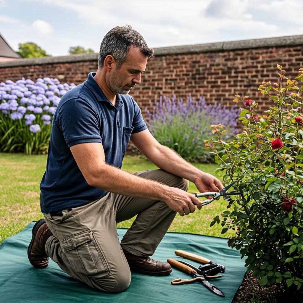 A professional British tradesman in his early 40s wearing a navy blue polo shirt and khaki work trousers, kneeling in a well-maintained Manchester suburban garden. He is using secateurs to prune a rose bush, with a tidy selection of gardening tools laid out on a green tarp beside him. The garden features a neatly trimmed lawn, colourful herbaceous borders with lavender and hydrangeas, and a weathered red brick wall in the background. It’s a bright but overcast typical Manchester day, with the tradesman’s focused expression showing his expertise and care for the work. No text or logos visible. A professional British tradesman in his early 40s wearing a navy blue polo shirt and khaki work trousers, kneeling in a well-maintained Manchester suburban garden. He is using secateurs to prune a rose bush, with a tidy selection of gardening tools laid out on a green tarp beside him. The garden features a neatly trimmed lawn, colourful herbaceous borders with lavender and hydrangeas, and a weathered red brick wall in the background. It's a bright but overcast typical Manchester day, with the tradesman's focused expression showing his expertise and care for the work. No text or logos visible.