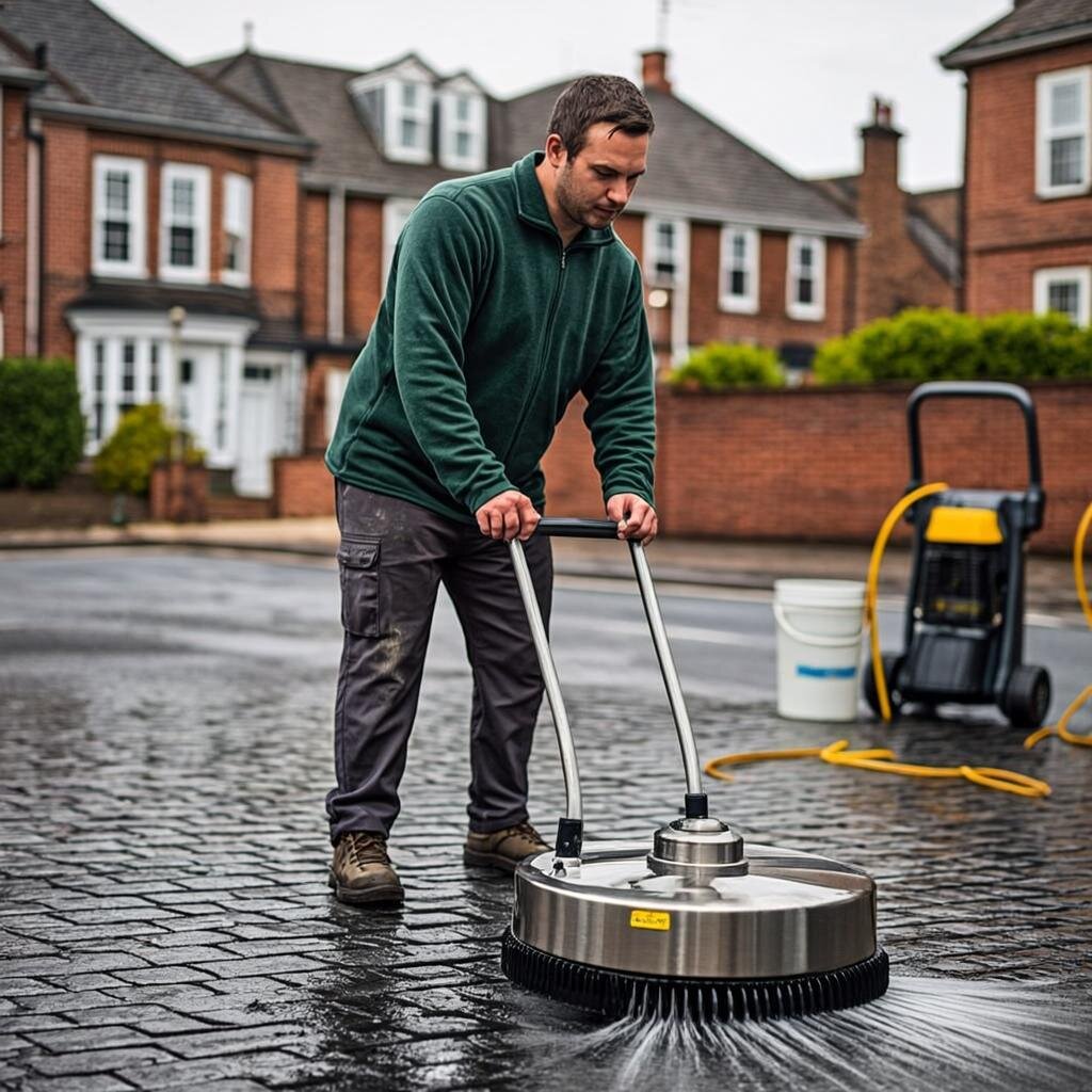 A British tradesman in his late thirties wearing a dark green work fleece, weathered work trousers and sturdy steel-toe boots, crouching slightly as he guides a professional rotary surface cleaner across a moss-stained block paved driveway. Fine mist and water spray fan out from beneath the cleaner, revealing a dramatic contrast between freshly cleaned, rich terracotta and charcoal bricks and the remaining dark, algae-covered surface ahead of him. Behind him stands a red-brick Manchester terraced house with a white uPVC door and sash windows, under a typically overcast grey sky. A professional petrol pressure washer unit and coiled yellow hose rest on the pavement nearby, alongside a bucket of kiln-dried sand. Wet reflections glisten on the cleaned paving, and autumn leaves gather at the edge of the drive. No text or logos visible. A British tradesman in his late thirties wearing a dark green work fleece, weathered work trousers and sturdy steel-toe boots, crouching slightly as he guides a professional rotary surface cleaner across a moss-stained block paved driveway. Fine mist and water spray fan out from beneath the cleaner, revealing a dramatic contrast between freshly cleaned, rich terracotta and charcoal bricks and the remaining dark, algae-covered surface ahead of him. Behind him stands a red-brick Manchester terraced house with a white uPVC door and sash windows, under a typically overcast grey sky. A professional petrol pressure washer unit and coiled yellow hose rest on the pavement nearby, alongside a bucket of kiln-dried sand. Wet reflections glisten on the cleaned paving, and autumn leaves gather at the edge of the drive. No text or logos visible.