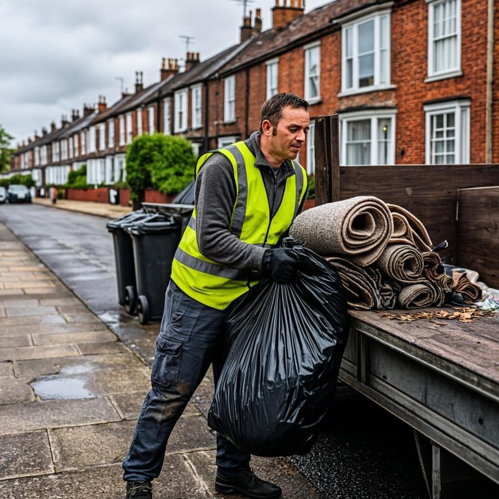A realistic photograph of a British tradesman in his forties wearing a high-visibility vest over a grey fleece and dusty work trousers, loading black refuse sacks and a rolled-up carpet into a caged flatbed tipper van parked on a narrow Manchester street. Behind him, a row of red-brick Victorian terraced houses with white sash windows and slate roofs stretches into the distance under a typical overcast grey Mancunian sky. A wheelie bin and a battered old wooden coffee table wait on the kerb beside the van, while his gloved hands grip the edge of the sack. The wet tarmac reflects the muted daylight, and a hint of green hedge is visible at the end of the street. No text, no logos, no signage. A realistic photograph of a British tradesman in his forties wearing a high-visibility vest over a grey fleece and dusty work trousers, loading black refuse sacks and a rolled-up carpet into a caged flatbed tipper van parked on a narrow Manchester street. Behind him, a row of red-brick Victorian terraced houses with white sash windows and slate roofs stretches into the distance under a typical overcast grey Mancunian sky. A wheelie bin and a battered old wooden coffee table wait on the kerb beside the van, while his gloved hands grip the edge of the sack. The wet tarmac reflects the muted daylight, and a hint of green hedge is visible at the end of the street. No text, no logos, no signage.